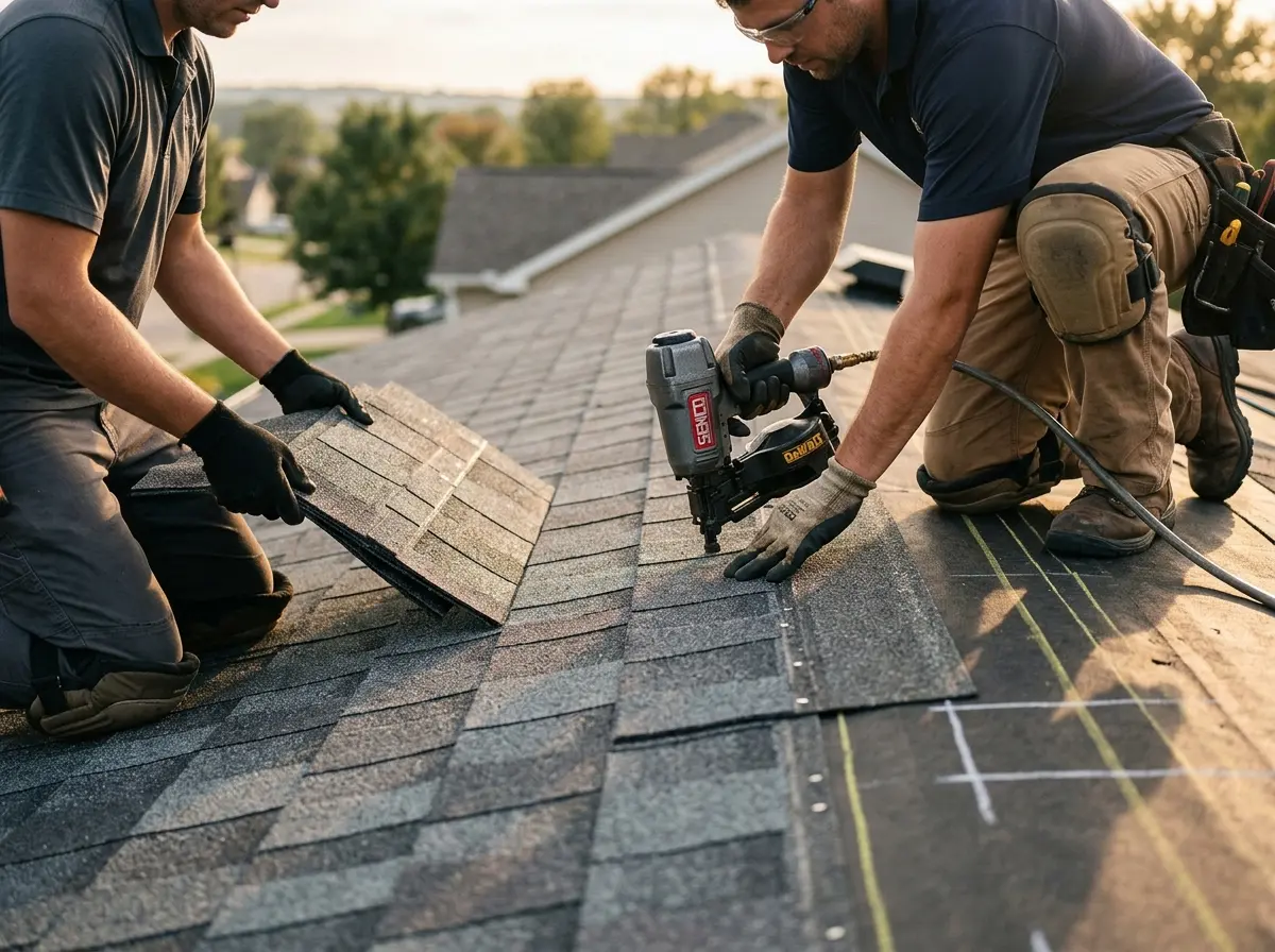 Professional roofer working on a residential roof in Elk Grove Village